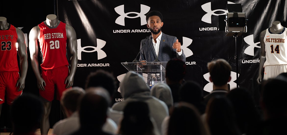 Mayor Scott speakes at the Under Armour Unveiling of the new uniformd design for Baltimore area high schools 